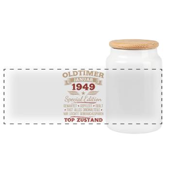 Cadeau d’anniversaire 77 Voiture vintage janvier 1949 - Boîte à biscuits avec couvercle en bois - blanc - Devant