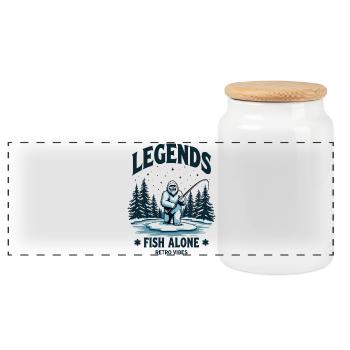 Legends Fish Alone Bigfoot Sasquatch Retro Style - Panoramic Cookie Jar with Wooden Lid - white - Front