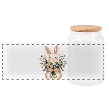 Hase mit Frühlingsblumenstrauß - Panorama Keksdose mit Holzdeckel - Weiß - Vorne