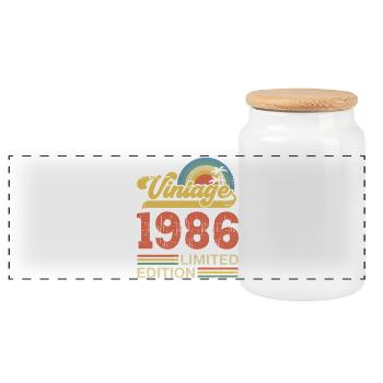 Vintage 1986 Birthday Gift - Panoramic Cookie Jar with Wooden Lid - white - Front