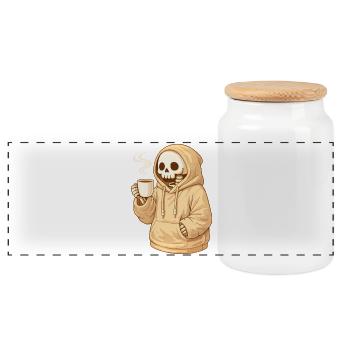 Cozy skeleton in hoodie with mug - Panoramic Cookie Jar with Wooden Lid - white - Front