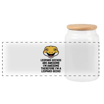 Joyful Leopardgecko Laughs Mascot - Panoramic Cookie Jar with Wooden Lid - white - Front