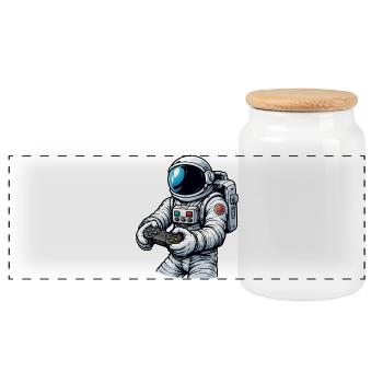 Astronaut with game controller - Panoramic Cookie Jar with Wooden Lid - white - Front