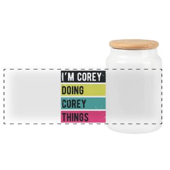 Ich bin Corey und mache Corey Things Retro-Farben - Panorama Keksdose mit Holzdeckel - Weiß - Vorne