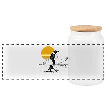 Penguin Surfer - Panoramic Cookie Jar with Wooden Lid - white - Front