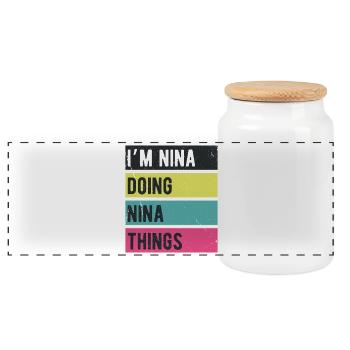 Ich bin Nina, die Nina-Dinge in Retro-Farben macht - Panorama Keksdose mit Holzdeckel - Weiß - Vorne