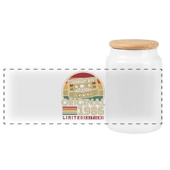 Original 1986 Vintage Vintage Birthday Retro - Panoramic Cookie Jar with Wooden Lid - white - Front