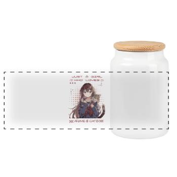 Anime Girl Loves Cats – Cute Otaku Design - Panoramic Cookie Jar with Wooden Lid - white - Front