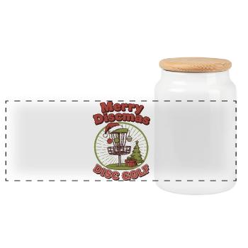 Merry Discmas Disc Golf Funny Flying Disc Basket - Panoramic Cookie Jar with Wooden Lid - white - Front