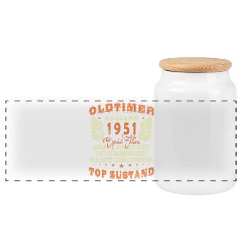 Baujahr 1951 Oldtimer Geburtstag Spruch 75 Jahre - Panorama Keksdose mit Holzdeckel - Weiß - Vorne