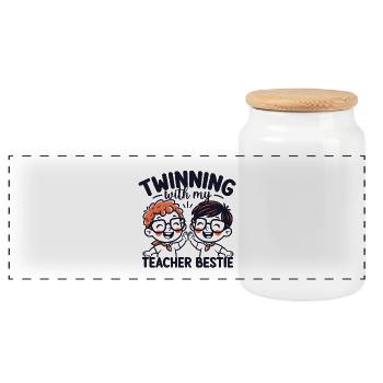 Twinning with My Teacher Bestie  - Panoramic Cookie Jar with Wooden Lid - white - Front