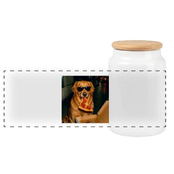 Funny Golden Retriever Dog Eating Pizza Meme - Panorama Keksdose mit Holzdeckel - Weiß - Vorne