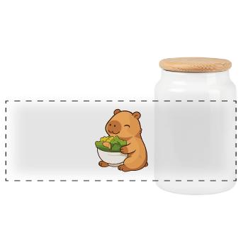 Capybara mit Salat – entspannt & niedlich - Panorama Keksdose mit Holzdeckel - Weiß - Vorne