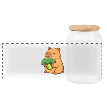 Capybara with broccoli – relaxed & cute - Panoramic Cookie Jar with Wooden Lid - white - Front