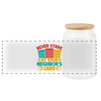 Bingo Game Never Stare Neighbor´s Card Bingo - Panorama Keksdose mit Holzdeckel - Weiß - Vorne
