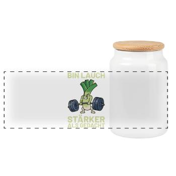 Weightlifter BIN LEEK STRONGER THAN EXPECTED Funny - Panoramic Cookie Jar with Wooden Lid - white - Front