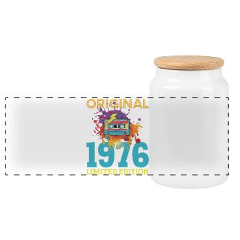 50 Year Anniversary 1976 Retro Vintage Cassette - Panoramic Cookie Jar with Wooden Lid - white - Front