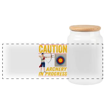 Caution Archery In Progress - Panoramic Cookie Jar with Wooden Lid - white - Front
