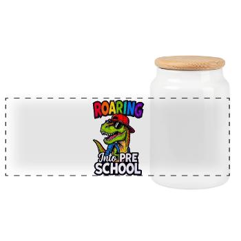 Roaring into Preschool Dinosaur Back to School - Panoramic Cookie Jar with Wooden Lid - white - Front