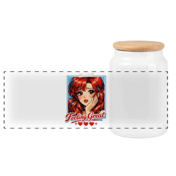 Retro Anime Girl Feeling Great Red Hair Aesthetic - Panoramic Cookie Jar with Wooden Lid - white - Front