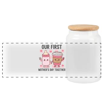 Our First Mother's Day – Kawaii Baby & Coffee - Panoramic Cookie Jar with Wooden Lid - white - Front