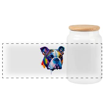 Farbenfrohes Pop-Art-Porträt des englischen Bulldoggenhunds - Panorama Keksdose mit Holzdeckel - Weiß - Vorne
