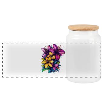 Colour explosion of tropical flowers - Panoramic Cookie Jar with Wooden Lid - white - Front