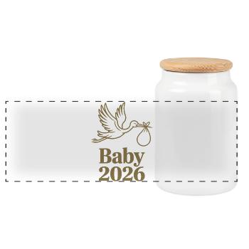 Baby 2026 Stork Birth Announcement - Panoramic Cookie Jar with Wooden Lid - white - Front