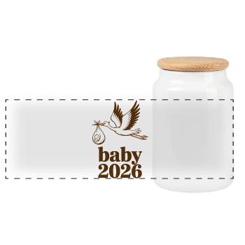 Baby 2026 Stork Birth Announcement - Panoramic Cookie Jar with Wooden Lid - white - Front