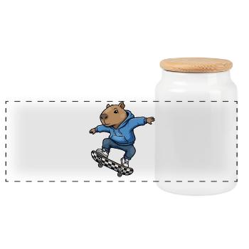 Capybara Skateboard - Panoramic Cookie Jar with Wooden Lid - white - Front