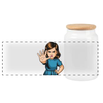 Arrête Geste, Dessin animé de la Fille - Boîte à biscuits avec couvercle en bois - blanc - Devant
