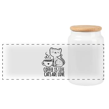 Cute Cat with Coffee – Coffee is Life Cat Shirt - Panoramic Cookie Jar with Wooden Lid - white - Front