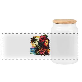 Tropics Woman Hibiscus Beach - Panoramic Cookie Jar with Wooden Lid - white - Front