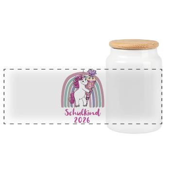 Schoolchild 2026 Unicorn with Sugar Cone - Panoramic Cookie Jar with Wooden Lid - white - Front
