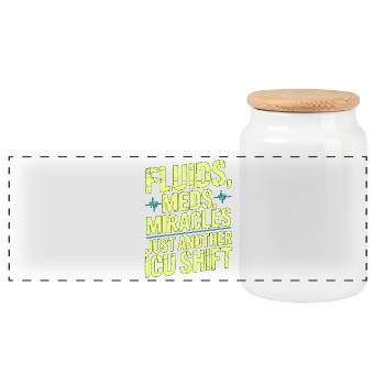 ICU Nurse Fluids Meds Miracles Intensive Care - Panoramic Cookie Jar with Wooden Lid - white - Front