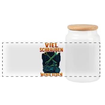 A lot of screwing, little talking motorcycle - Panoramic Cookie Jar with Wooden Lid - white - Front