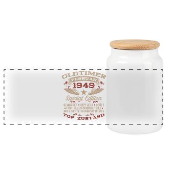77th Birthday Oldtimer February Vintage 1949 - Panoramic Cookie Jar with Wooden Lid - white - Front