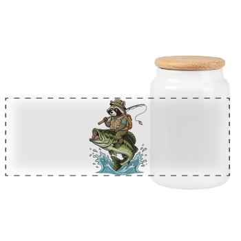 Funny raccoon rides on a bass fish - Panoramic Cookie Jar with Wooden Lid - white - Front