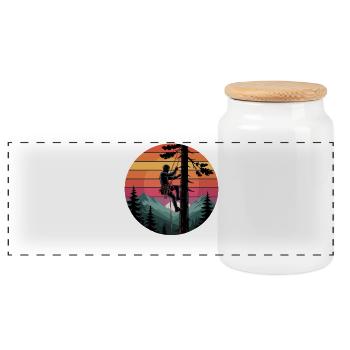 Climber in sunset forest landscape - Panoramic Cookie Jar with Wooden Lid - white - Front