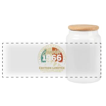 Vintage January 1966 Vintage Birthday Gift - Panoramic Cookie Jar with Wooden Lid - white - Front