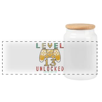 13. Geburtstag Jungen Gamer Level 13 Unlocked - Panorama Keksdose mit Holzdeckel - Weiß - Vorne