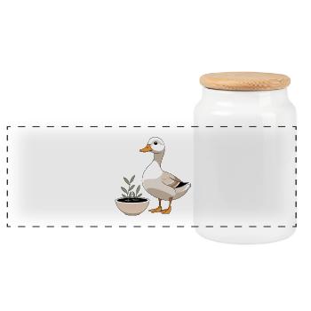 Duck in a plant pot – charming illustration - Panoramic Cookie Jar with Wooden Lid - white - Front