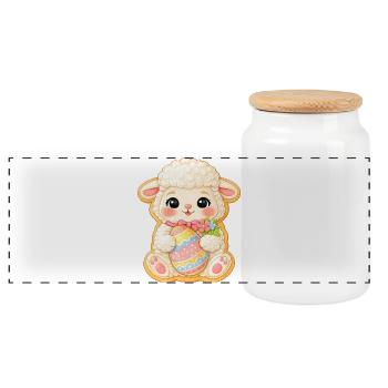 Keks Motiv Osterlamm mit buntem Ei und Blumen - Panorama Keksdose mit Holzdeckel - Weiß - Vorne