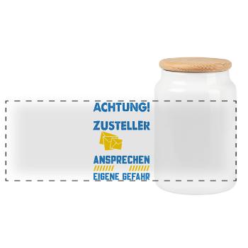 Postman ATTENTION OVERWORKED DELIVERY PERSON - Panoramic Cookie Jar with Wooden Lid - white - Front