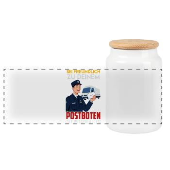 Postboten SEI FREUNDLICH ZU DEINEM POSTBOTEN ISEI - Panorama Keksdose mit Holzdeckel - Weiß - Vorne