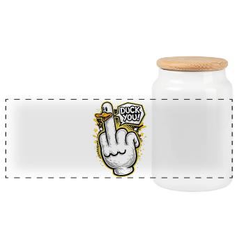 Duck You! Cheeky duck middle finger design - Panoramic Cookie Jar with Wooden Lid - white - Front