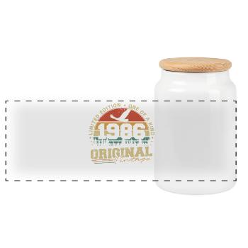 Original 1986 Vintage Vintage Birthday Retro - Panoramic Cookie Jar with Wooden Lid - white - Front