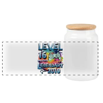 Level 16 years Unlocked since 2010 Birthday - Panoramic Cookie Jar with Wooden Lid - white - Front