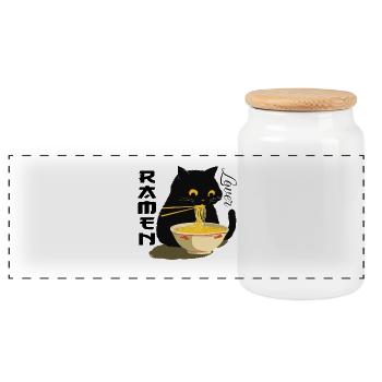 Ramen Lover - Black Cat with Noodles - Panoramic Cookie Jar with Wooden Lid - white - Front
