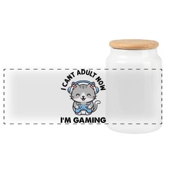 I cant Adult now I'm Gaming funny Gamer Cat - Panoramic Cookie Jar with Wooden Lid - white - Front